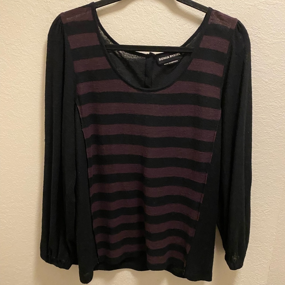 Sonia Rykiel Striped Wool Pearl Button Long Sleeve Sweater